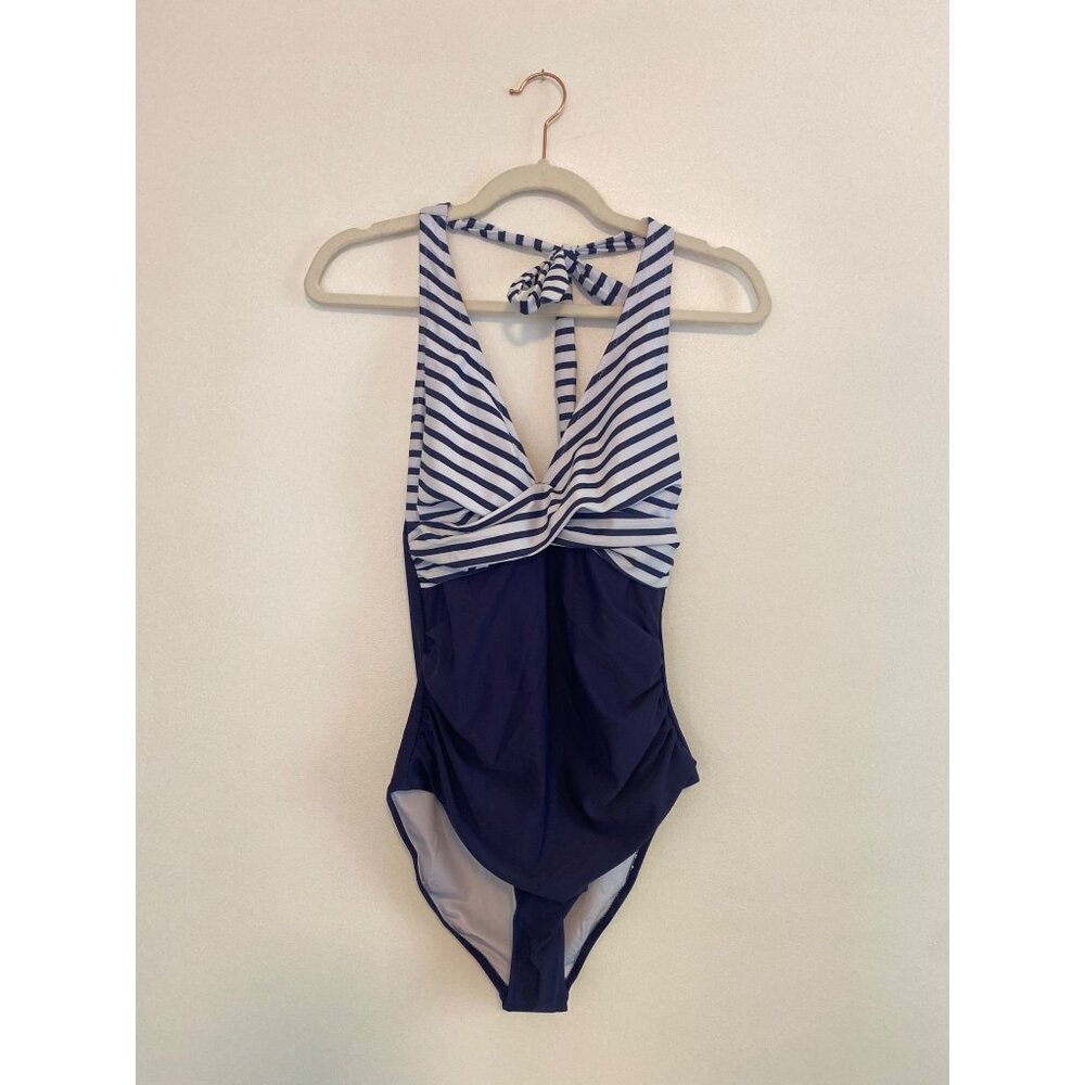 Women’s Navy & White Striped Halter One-Piece Swimsuit With Padded Cups Size S
